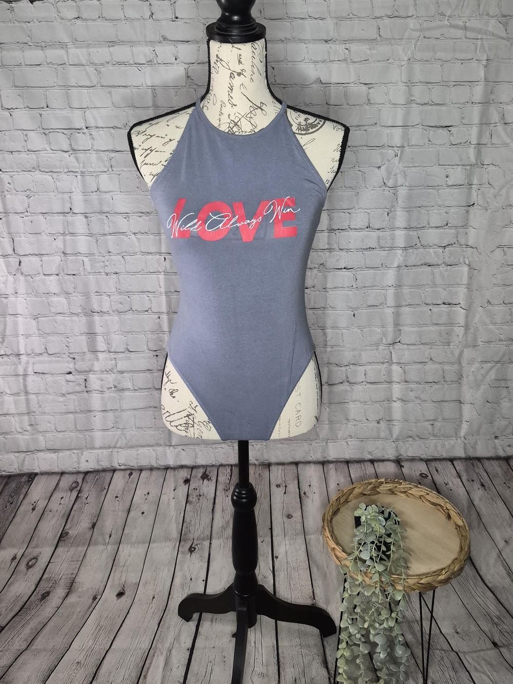 Women's Slate Blue Halter LOVE Graphic Bodysuit